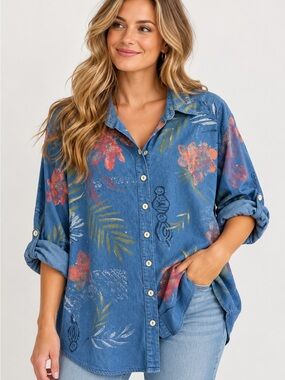 Vintage 90s Koret City Blues Blue Floral Button Up Shirt Women's 22/24W